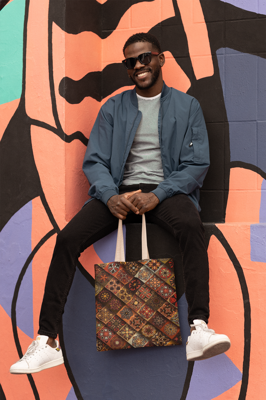 man carrying Ethnic Mosiac Art Tote Bag