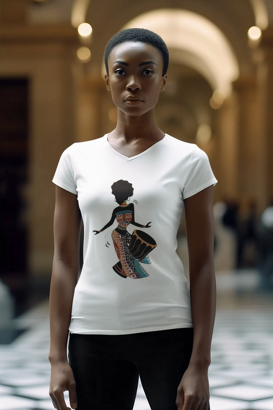 Rhythms of Her Roots: African Drummer Woman V-Neck Tee