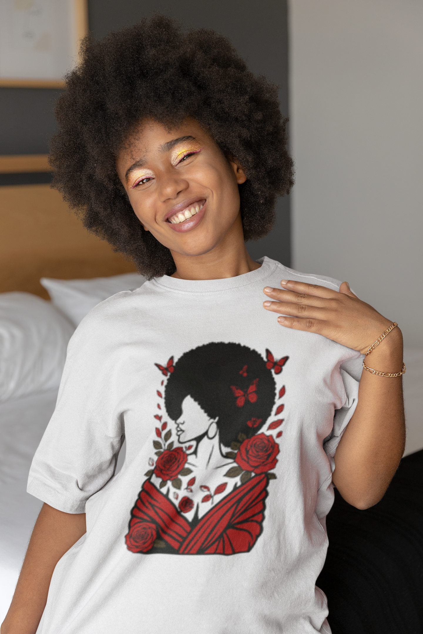Red Roses and Butterflies Afro Art T-Shirt