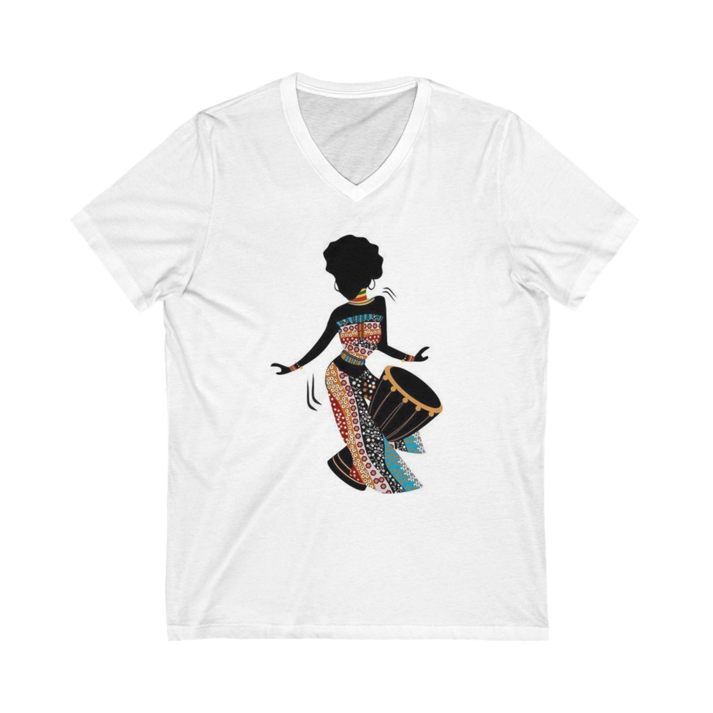 Rhythms of Her Roots: African Drummer Woman V-Neck Tee