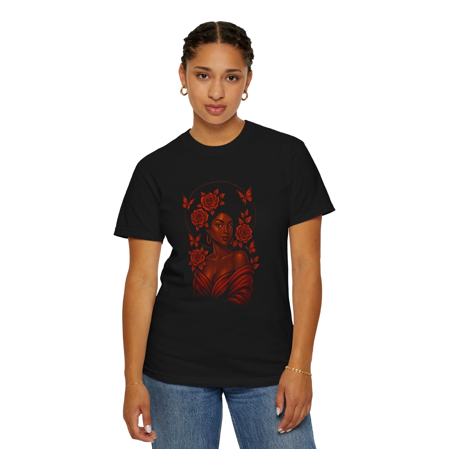 Crowned in Bloom: Afro Beauty Tee – Afrocentric Floral T-Shirt for Women