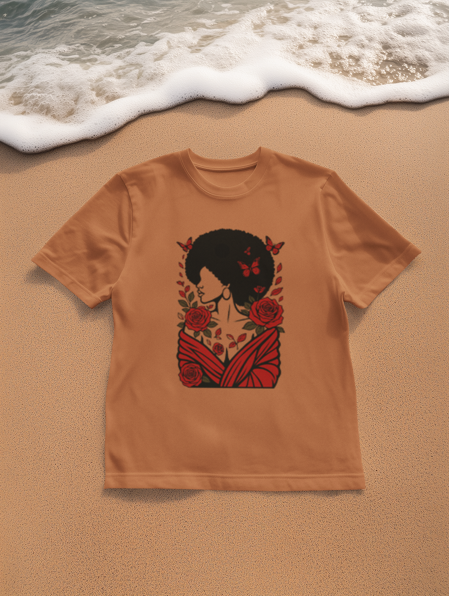 Red Roses and Butterflies Afro Art T-Shirt