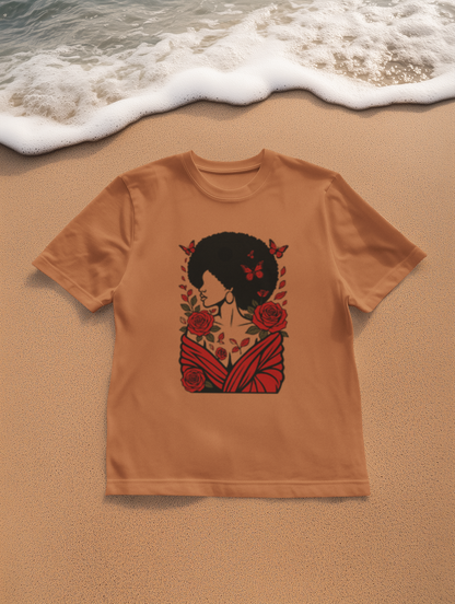 Red Roses and Butterflies Afro Art T-Shirt