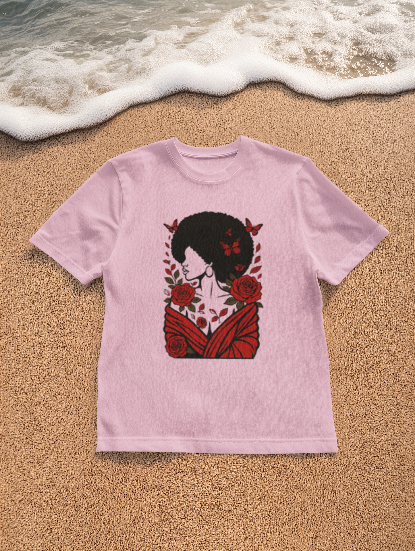 Red Roses and Butterflies Afro Art T-Shirt
