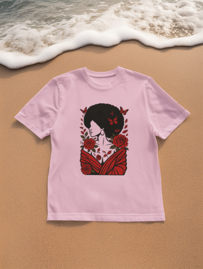 Red Roses and Butterflies Afro Art T-Shirt