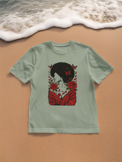 Red Roses and Butterflies Afro Art T-Shirt