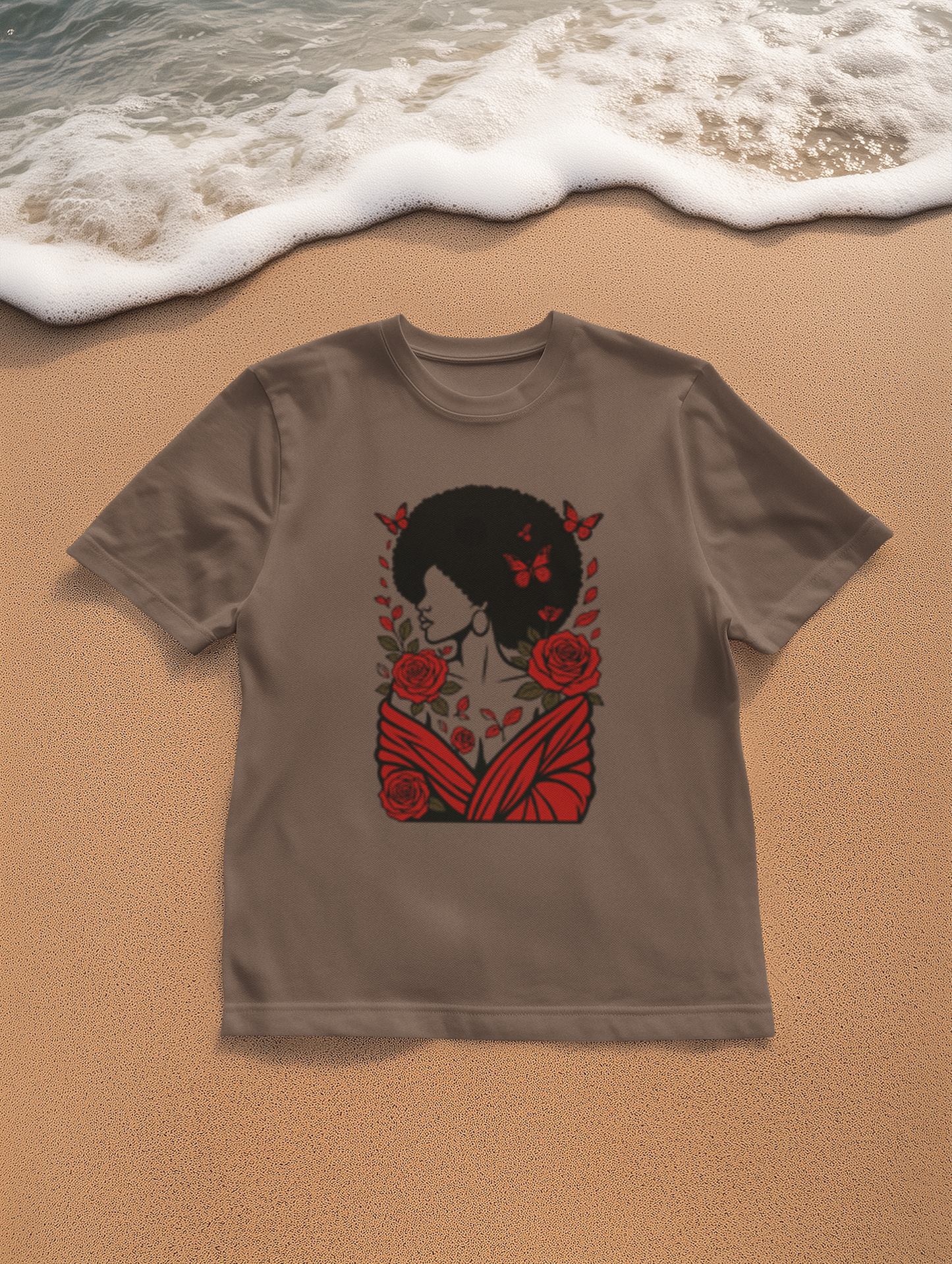 Red Roses and Butterflies Afro Art T-Shirt