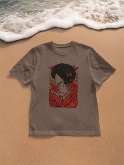 Red Roses and Butterflies Afro Art T-Shirt