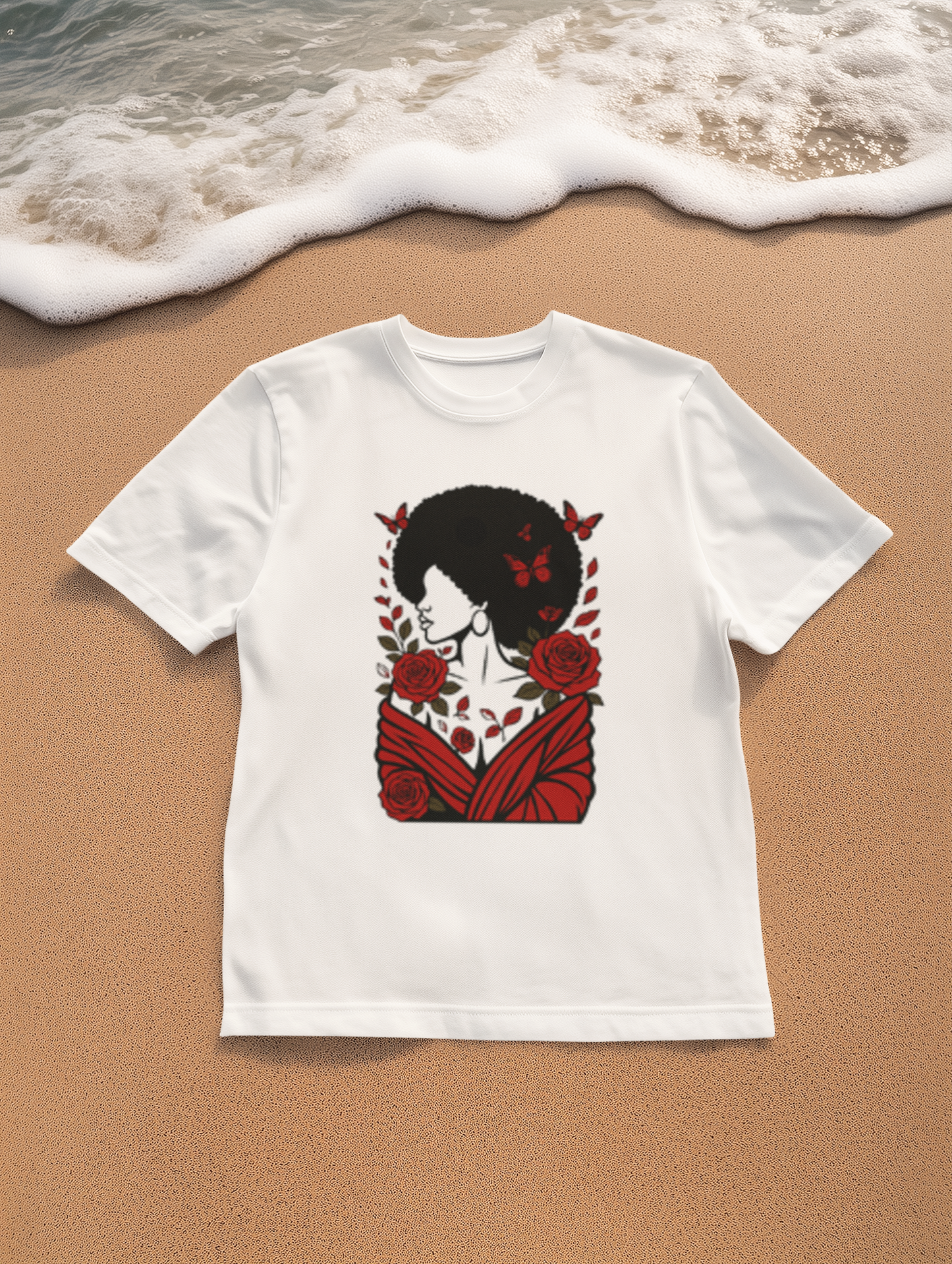 Red Roses and Butterflies Afro Art T-Shirt