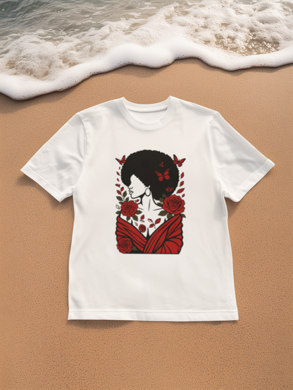 Red Roses and Butterflies Afro Art T-Shirt