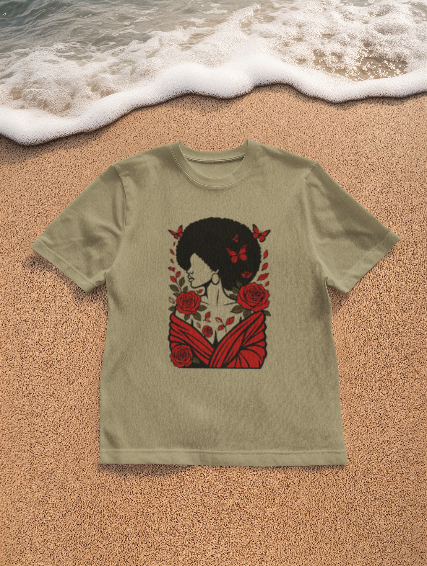 Red Roses and Butterflies Afro Art T-Shirt
