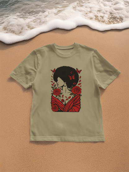 Red Roses and Butterflies Afro Art T-Shirt